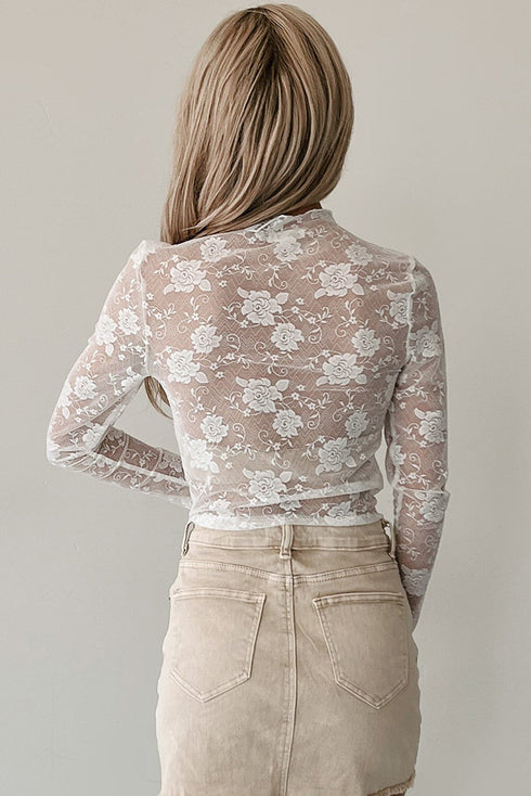 Sheer Floral Lace Mesh Mock Neck Elegant Long Sleeve Fitted Top